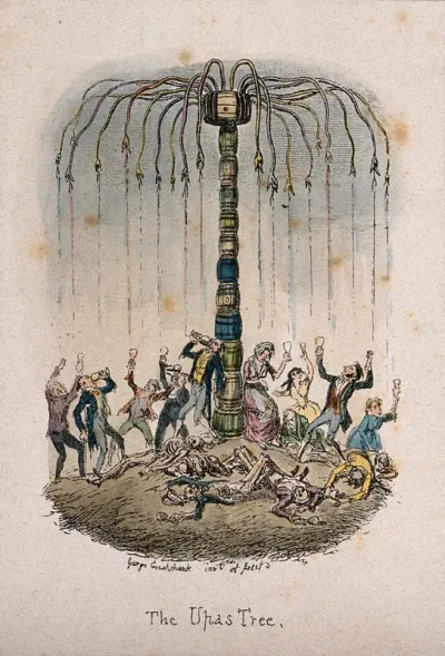 People reaching for alcoholic drink falling from a pile of barrels of liquor likened to the upas-tree; skeletons litter the ground