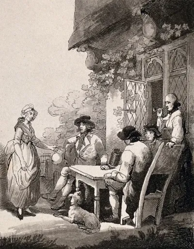 People sitting around a table outside a building, and a woman bringing them a pitcher of beer