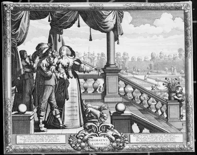 People smelling flowers on the steps of an ornamental garden; representing the sense of smell