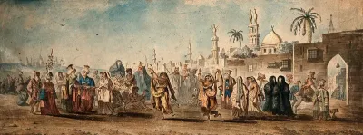 People standing or dancing outside a city gate in Turkey (?)