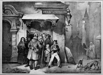People standing outside an apothecary shop in Rotterdam