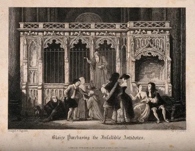 People strolling and buying plague antidotes in old St Paul's Cathedral, London