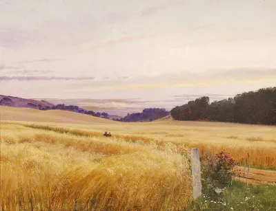 People strolling through a summer landscape as evening falls.