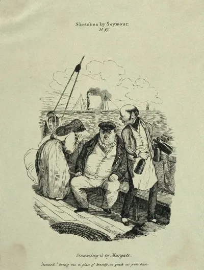 People suffering from seasickness on board a steam boat; off Margate a man asks the steward for a brandy