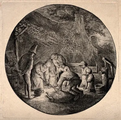 People surrounding and killing a pig on the ground by candlelight at night; a woman holds a pan to catch the entrails
