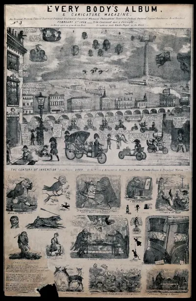 People using advanced materials and modes of transport in the year 2000, some travelling in hot-air balloons, some with their own wings, and some in carriages running on steam