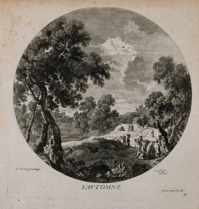 People walk in the countryside amidst a grape harvest; representing autumn