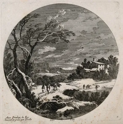 People walking through snow with a donkey carrying wood; representing winter