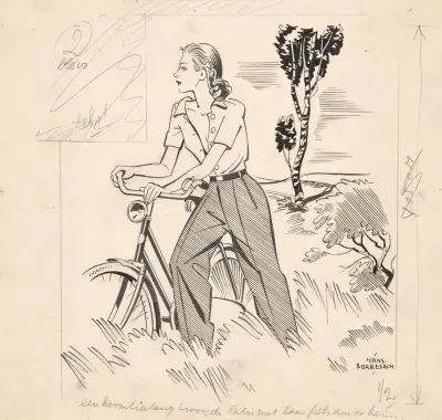 Pepita loopt met de fiets aan de hand door de hei