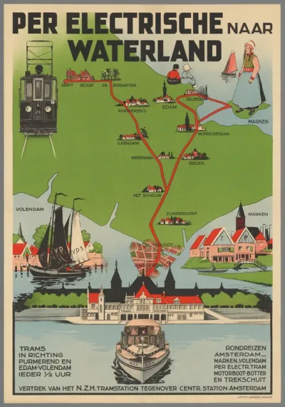 Per electrische naar Waterland. Tram richting Purmerend, Edam-Volendam ieder 1/2 uur. Rondreizen Amsterdam - Marken- Volendam per elctr. tram - motorboot- botter en trekschuit. Vertrek van het N.Z.H. tramstation regenover het Centraal Station Amsterd