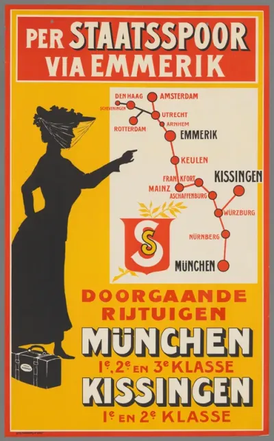 Per staatsspoor via Emmerik. Doorgaande rijtuigen München 1e, 2e en 3e klasse. Kissingen 1e en 2e klasse