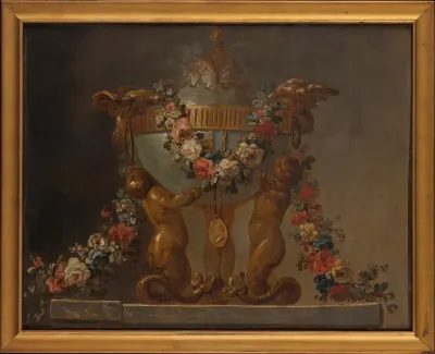 Perfume-burner supported by baby tritons and garlanded with flowers