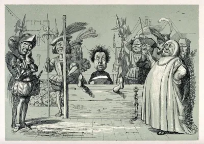 Perkin Warbeck imprisoned in the stocks and reading his confession before a crowd of spectators
