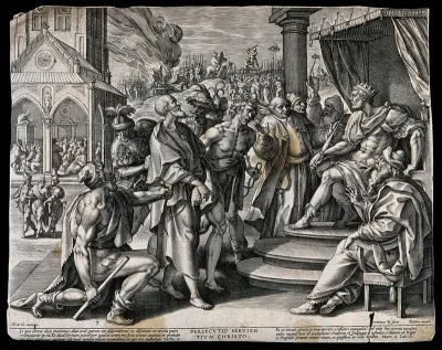 Persecution of Christians with scenes of martyrdom behind