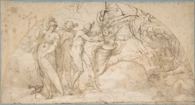 Perseus Beheading Medusa (recto); Studies of a Child and Ornament Sketches (verso)