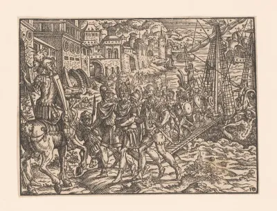 Perseus, koning van Macedonië, geeft zich over aan de Romeinen