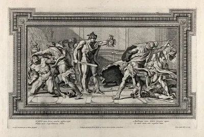 Perseus turning the followers of Phineus to stone with the head of Medusa