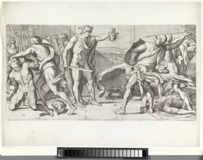 Perseus verandert zijn vijanden in steen met het hoofd van Medusa