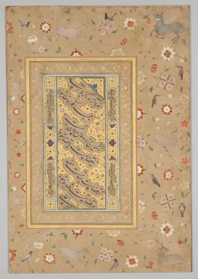 Persian calligraphy framed by an ornamental border of flowers, birds, and deer, from the Late Shah Jahan Album