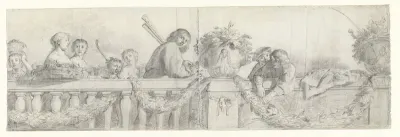 Personen op een balustrade met festoenen