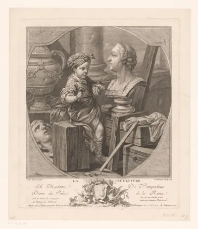 Personificatie van de beeldhouwkunst met een buste van Lodewijk XV van Frankrijk
