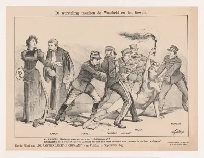 Personificatie van de waarheid in gevecht met Franse officieren