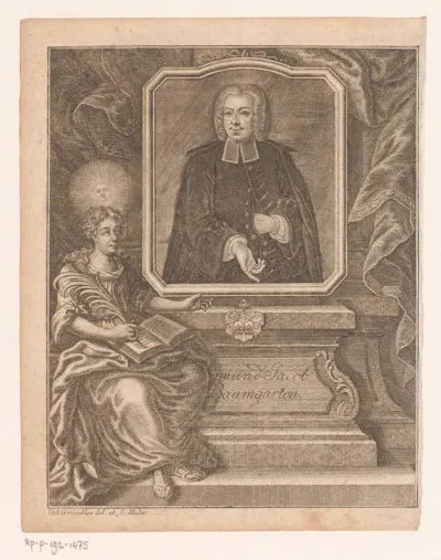 Personificatie van de waarheid, zittend naast het portret van Sigmund Jacob Baumgarten