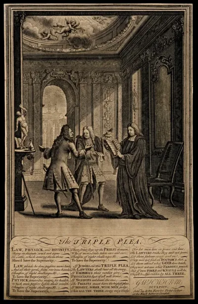 Personifications of law, medicine and theology argue over the superiority of their respective professions