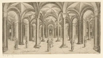 Perspectief van gewelfde ruimte met zuilen