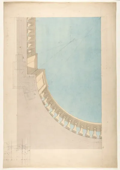 Perspectival study for one quadrant of a ceiling design including a trompe l'oeil balustrade