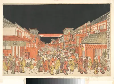 Perspective Print (Uki-e) of the Theaters in Sakaichō and Fukiyachō on Opening Night — Utagawa Toyoharu Kanvas Tablo