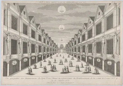 Perspective view of the Illuminations on the Pont Notre Dame, in celebration of the recovery of the health of Louis XIV, January 30, 1687