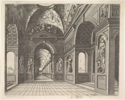 Perspective view of the interior of a hall, with cross-vault decorated with grotesques, plate 18 from "Scenographiae sive Perspectivae"
