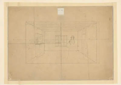 Perspectivische studie van een ruimte, met een staande vrouw
