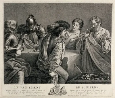 Peter denies knowledge of Christ; men play dice