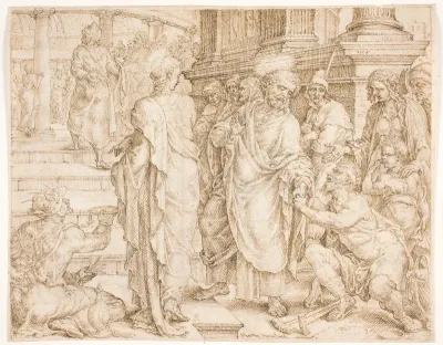 Peter, der sammen med Johannes er på vej til templet, helbreder en lam