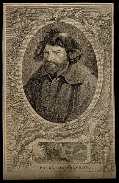 Peter, the wild boy, with vignette below surrounded by foliage