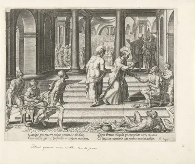 Petrus en Johannes die een verlamde man genezen bij de tempelpoort
