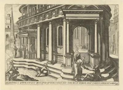 Petrus en Johannes genezen een verlamde man bij de tempelpoort