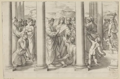 Petrus en Johannes genezen een verlamde man bij de tempelpoort
