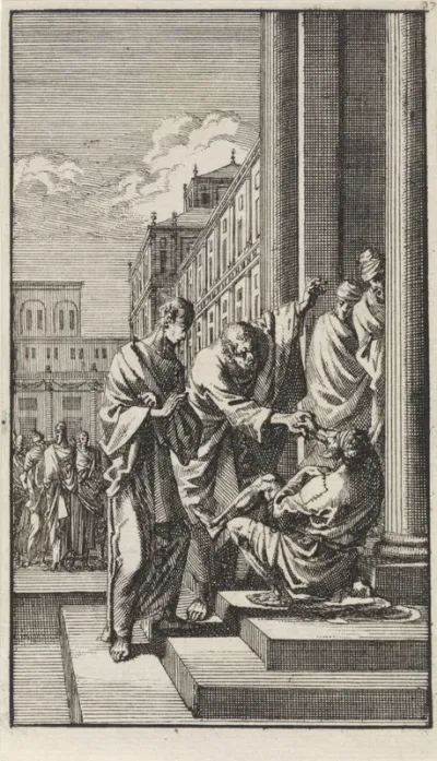 Petrus en Johannes genezen een verlamde man bij de tempelpoort