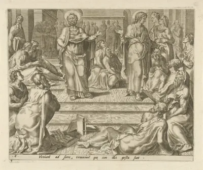 Petrus en Johannes tussen hun leerlingen