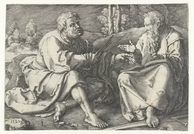 Petrus en Paulus zittend in een landschap