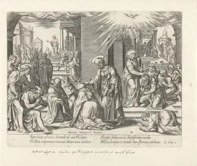 Petrus, Johannes en Filippus zegenen gelovigen in Samaria