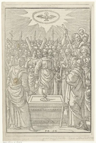 Petrus, Johannes en Paulus door andere heiligen omgeven