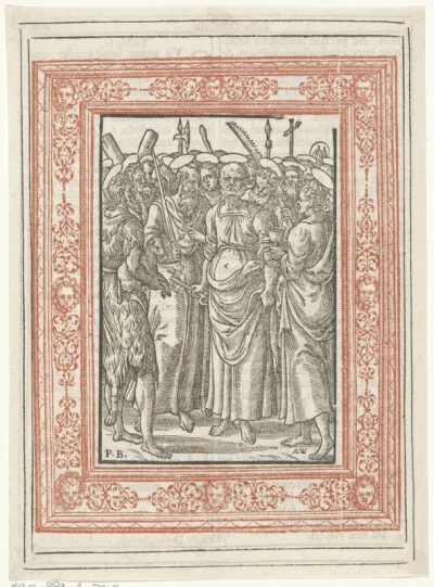 Petrus, Johannes, Paulus en Johannes de Doper door andere heiligen omgeven