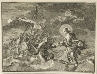Petrus loopt op het water naar Christus