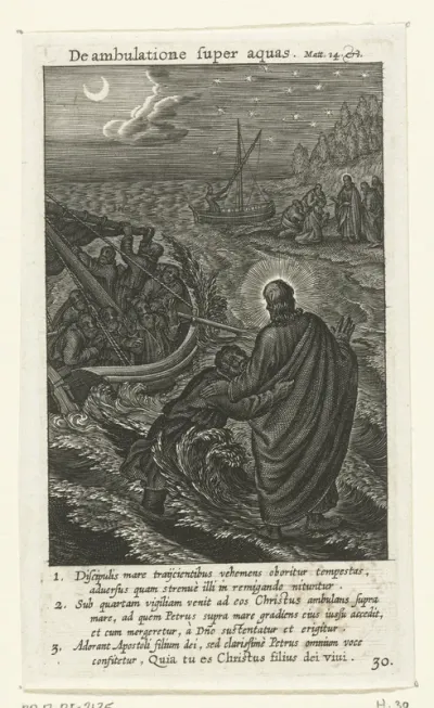 Petrus probeert over het water te lopen naar Christus