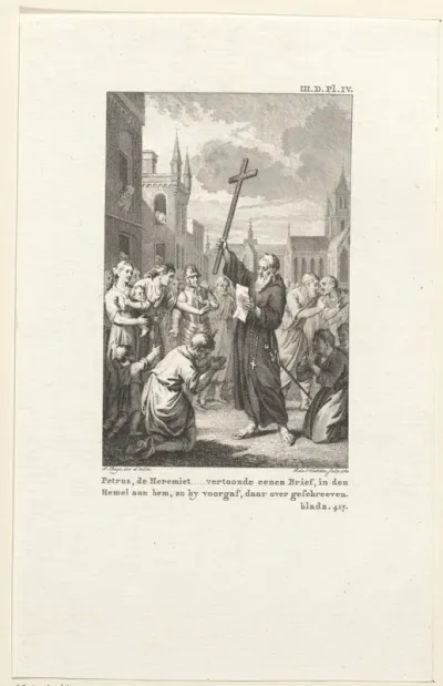 Petrus van Amiens met brief en crucifix temidden van een menigte