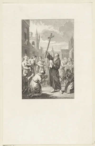 Petrus van Amiens met brief en crucifix temidden van een menigte